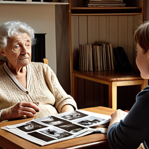 Home 4 **A scene depicting an interview setting in a cozy Dutch living room. An interviewer with a recording device is actively listening to an elderly woman sharing a story, with old photographs scattered on the table between them. The atmosphere should evoke a sense of trust and comfortable conversation.** (Focus: Interview setup, storytelling, intergenerational connection)