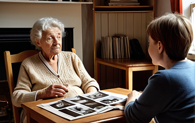 **A scene depicting an interview setting in a cozy Dutch living room. An interviewer with a recording device is actively listening to an elderly woman sharing a story, with old photographs scattered on the table between them. The atmosphere should evoke a sense of trust and comfortable conversation.** (Focus: Interview setup, storytelling, intergenerational connection)